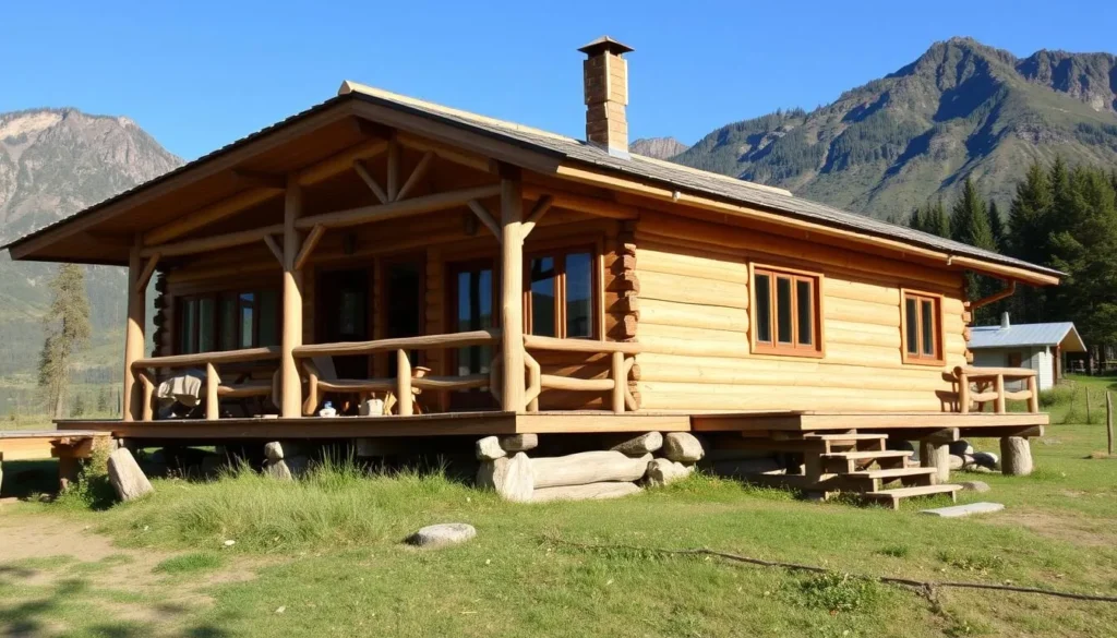 Traditional wooden guesthouse in Altai Krai with mountains in the background