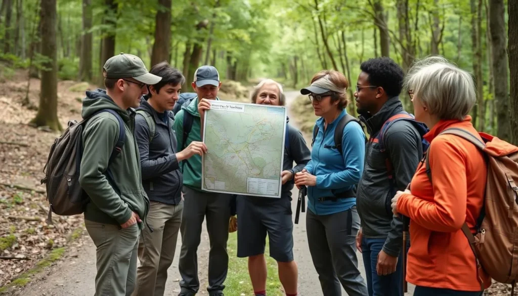 Trail map sign at Marsh Creek State Park Pennsylvania with hikers planning their route Trail map sign at Marsh Creek State Park Pennsylvania with hikers planning their route