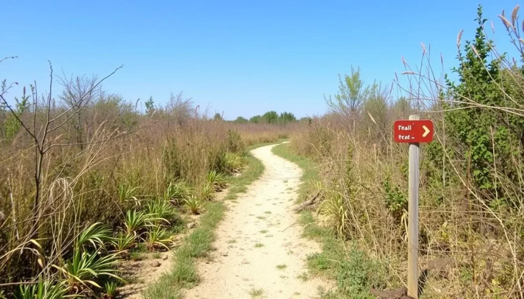 Trail marker and natural landscape at Illinois Beach Nature Preserve showing conservation area Trail marker and natural landscape at Illinois Beach Nature Preserve showing conservation area