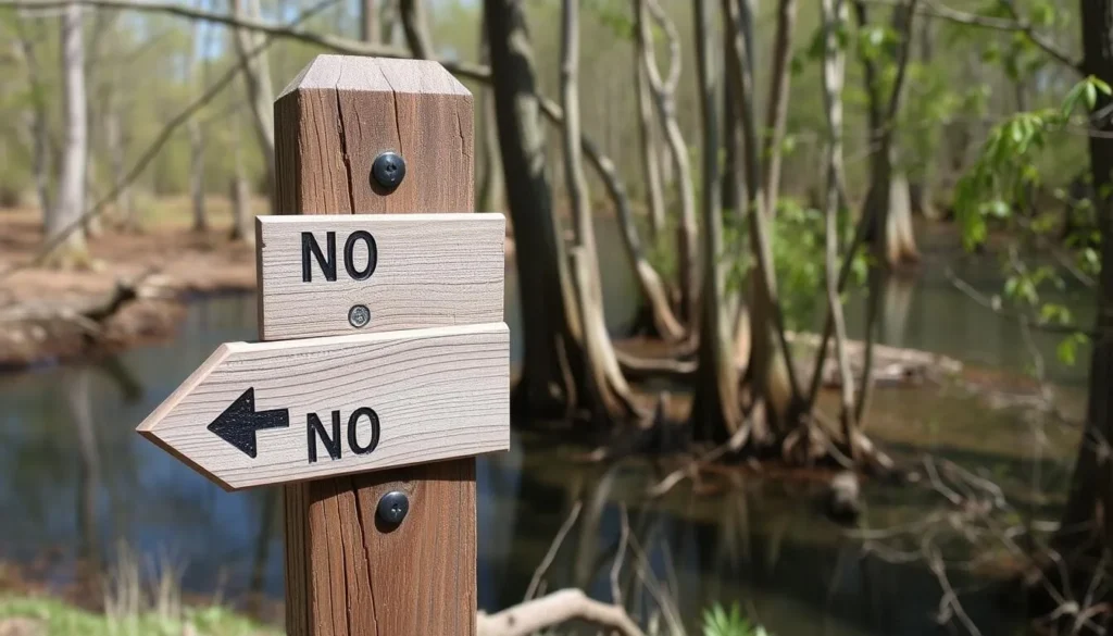 Trail marker and safety sign at Cache River Nature Preserve Illinois
