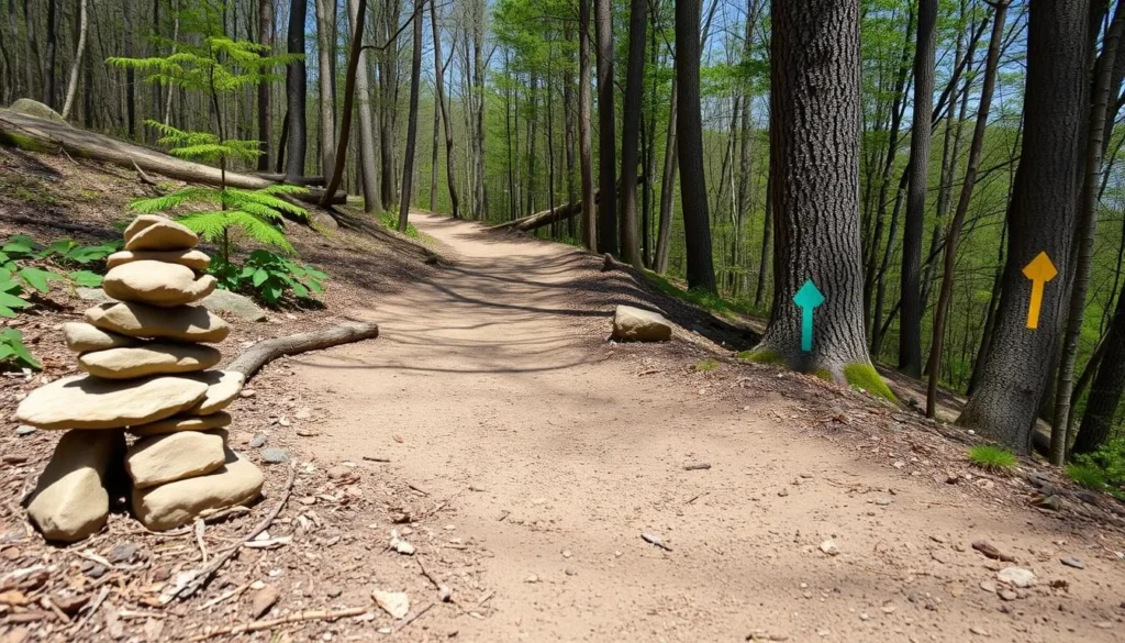 Trail markers and safety signs on Broad Mountain Pennsylvania hiking path
