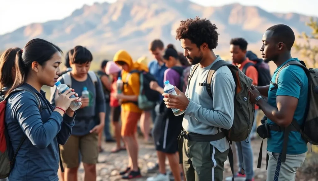 Trailhead information area at Camelback Mountain with hikers preparing