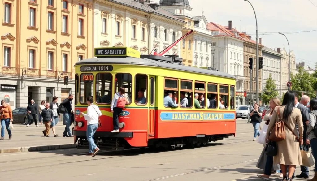 Tram running through central Saratov with passengers boarding Tram running through central Saratov with passengers boarding