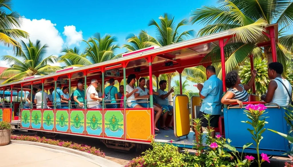 Tram transportation in Labadee with passengers boarding at a station surrounded by tropical landscaping