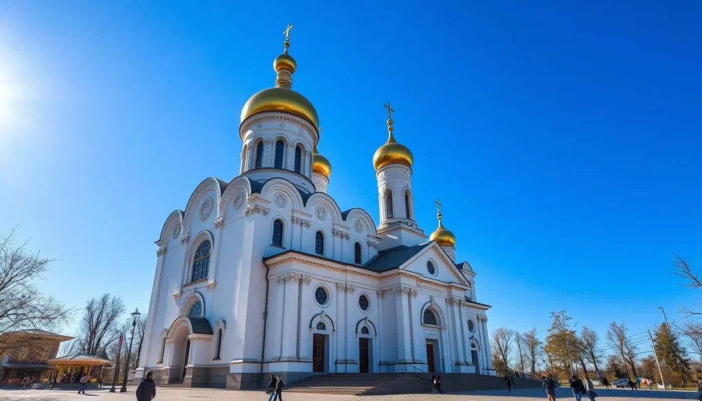 Transfiguration Cathedral in Tolyatti with golden domes gleaming in the sunlight against blue sky