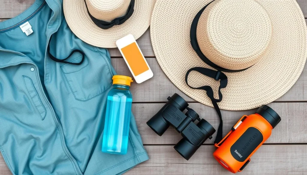 Travel essentials for Bayou Cocodrie visit including hat, sunscreen, binoculars, and water bottle Travel essentials for Bayou Cocodrie visit including hat, sunscreen, binoculars, and water bottle