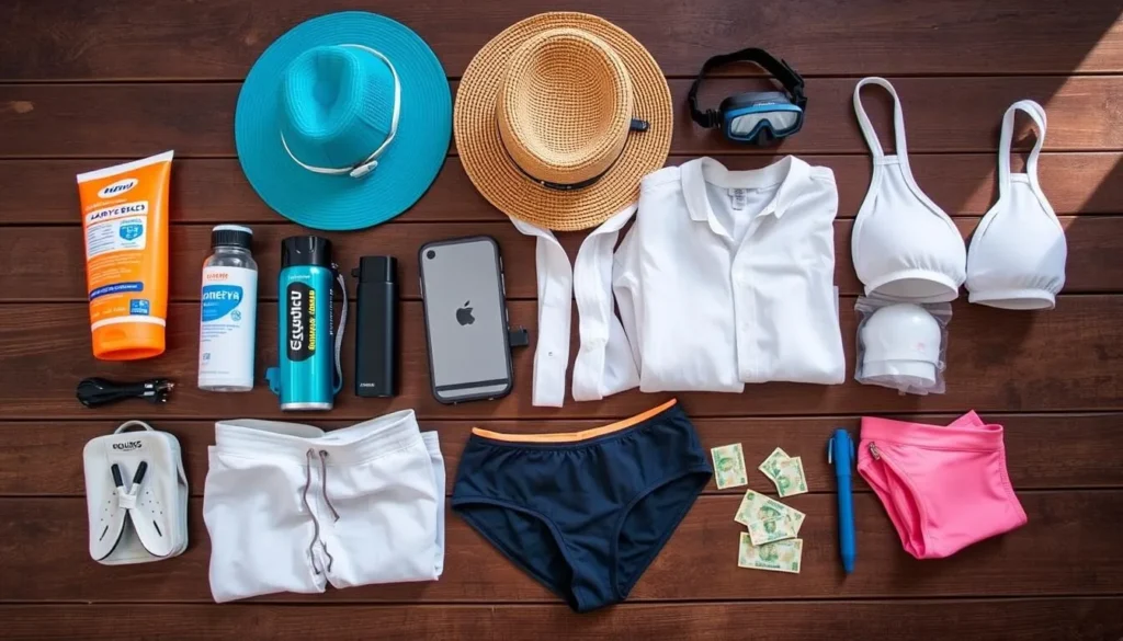 Travel essentials for Kokoye Beach Haiti including sunscreen, flashlight, and water bottle