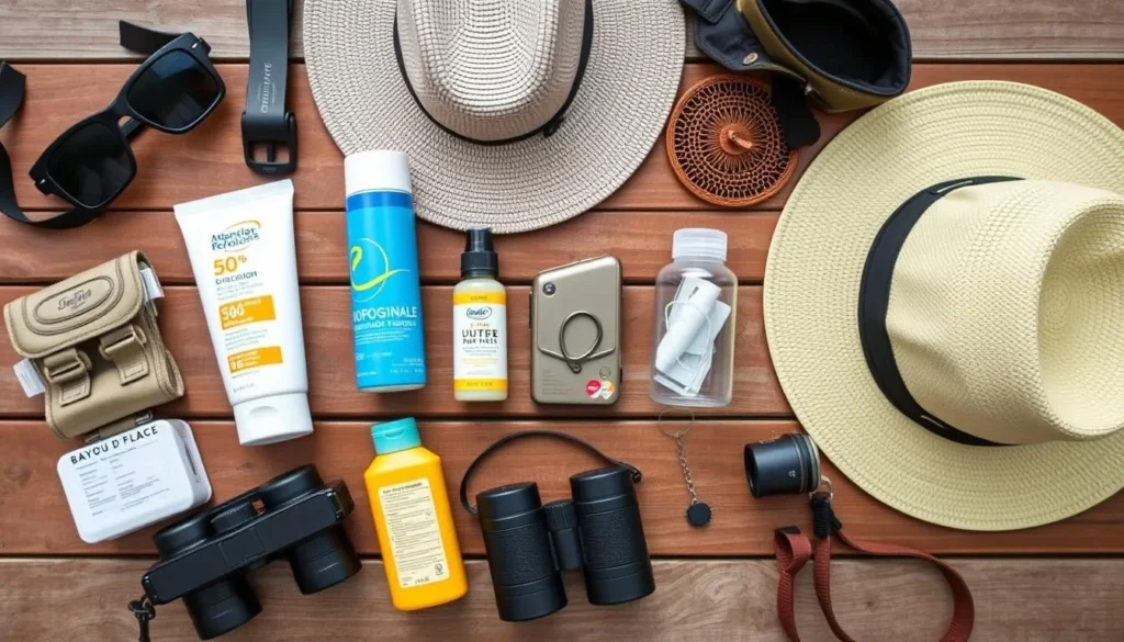 Travel essentials for a Bayou D'Arbonne trip including maps, sunscreen, and outdoor gear Travel essentials for a Bayou D'Arbonne trip including maps, sunscreen, and outdoor gear