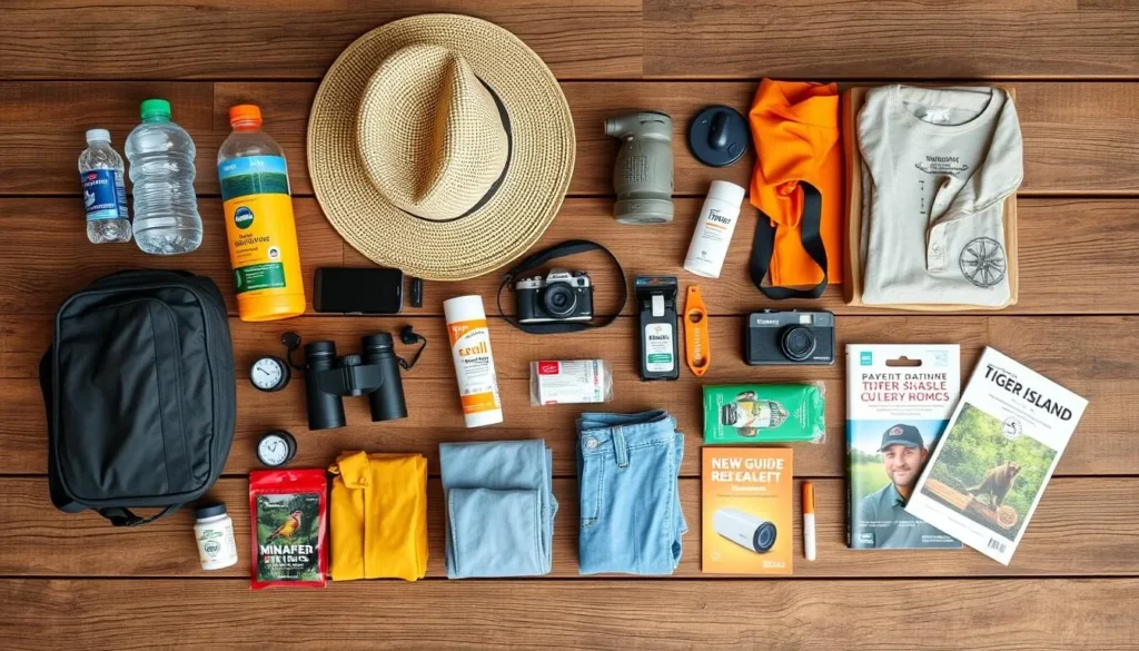 Travel essentials for a Tiger Island trip including water bottles, sun protection, and insect repellent