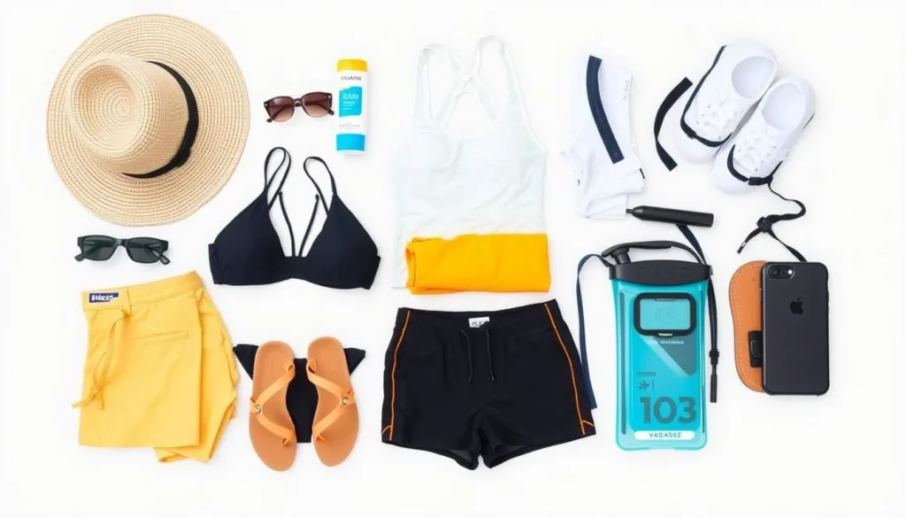 Travel essentials for a trip to Varadero including sun protection and beach gear