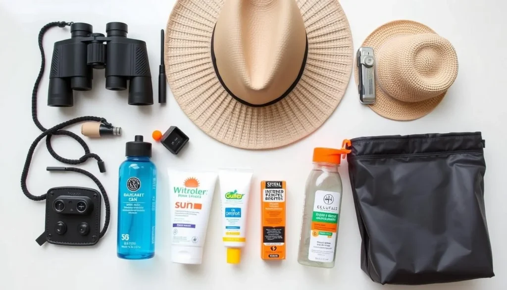 Travel essentials for visiting Bayou Bartholomew Louisiana including binoculars and sun protection Travel essentials for visiting Bayou Bartholomew Louisiana including binoculars and sun protection