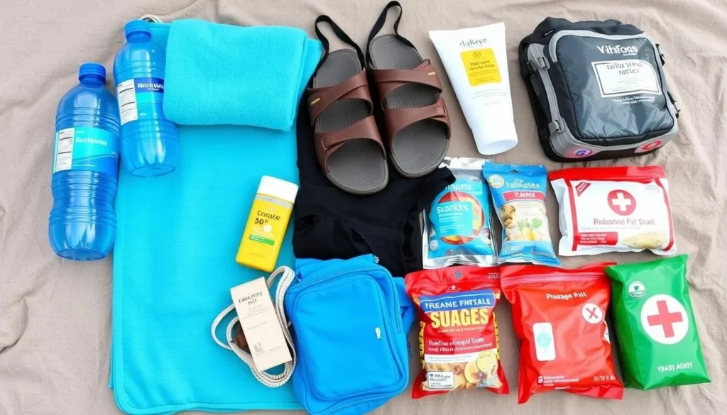 Travel essentials for visiting Buckeye Hot Springs California including water bottles and towels Travel essentials for visiting Buckeye Hot Springs California including water bottles and towels
