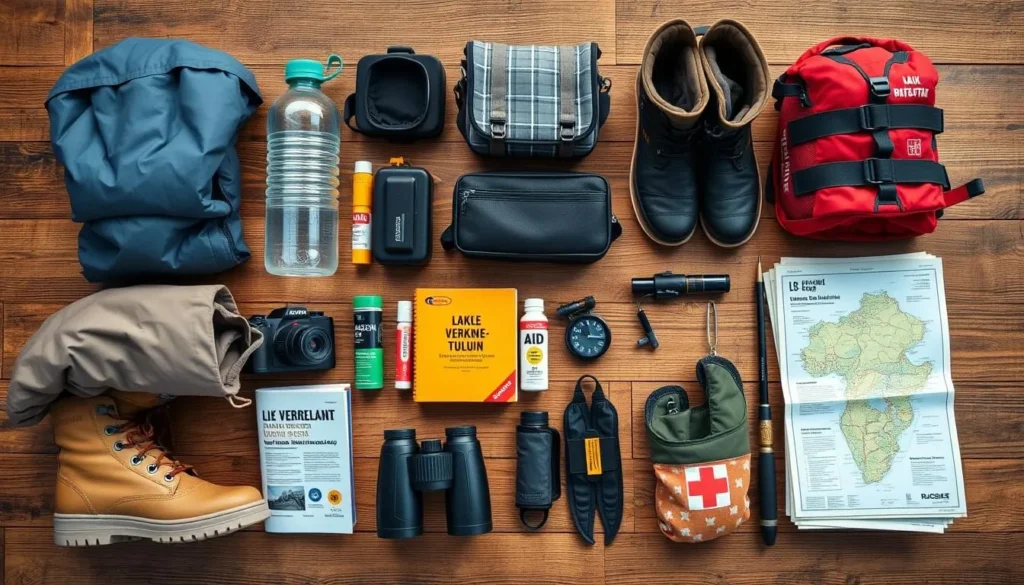 Travel essentials for visiting Lake Verkhne-Tulun laid out neatly