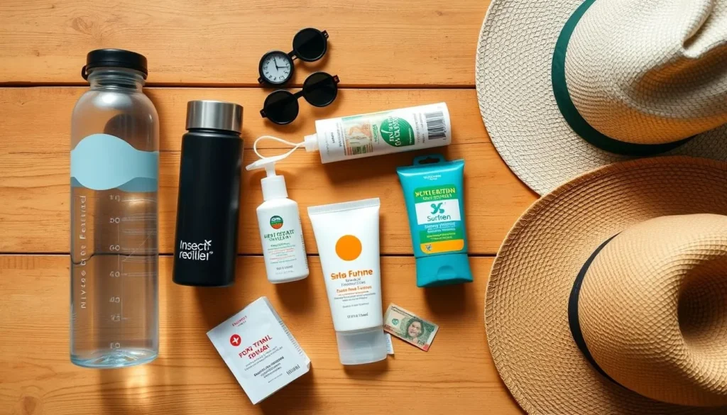 Travel essentials for visiting Linden including a water bottle, insect repellent, sunscreen, and local currency