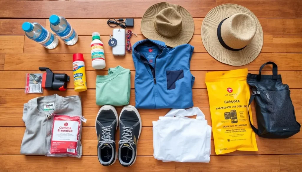 Travel essentials for visiting Mashabo Lake including water bottles, insect repellent, and appropriate clothing