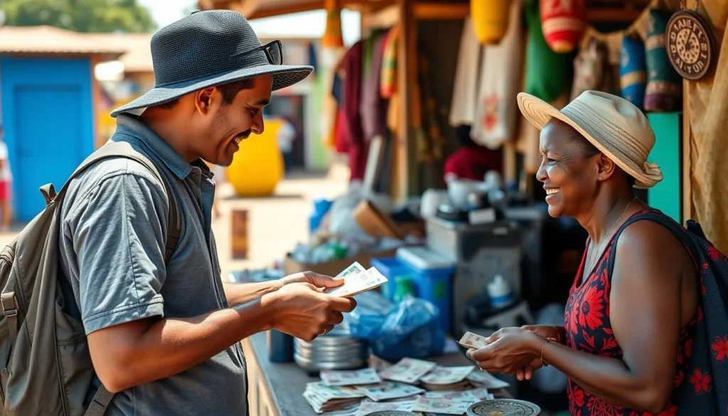 Traveler exchanging currency at local market in Parika