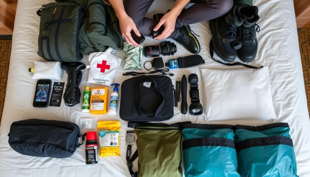 Traveler packing essential gear for Waukauyengtipu expedition with proper equipment laid out