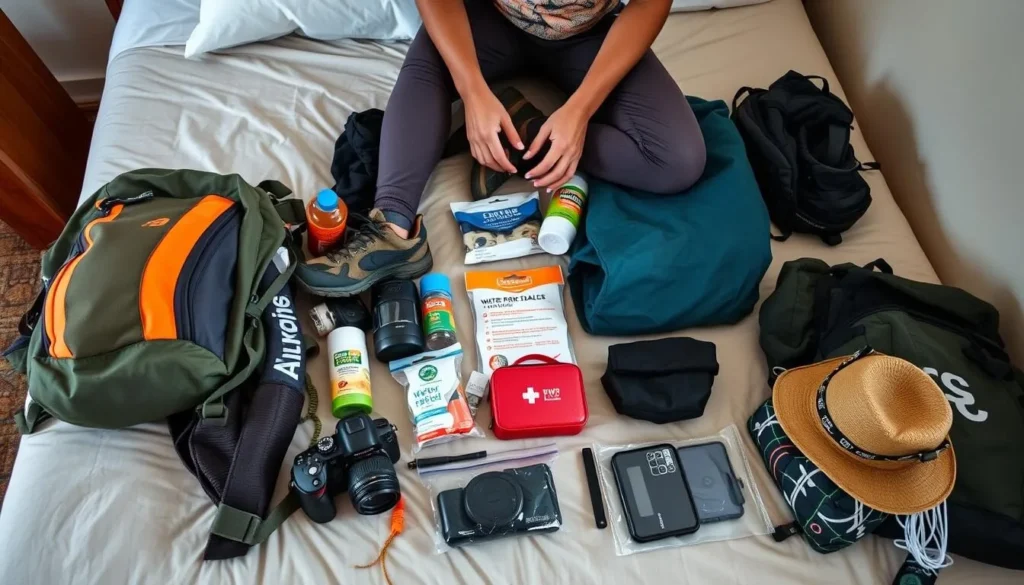 Traveler packing essential gear for a Jonestown Lake expedition