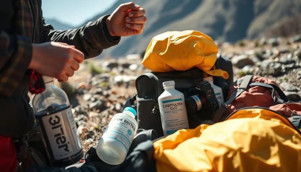 Traveler packing essential gear for an Acarai Mountains expedition