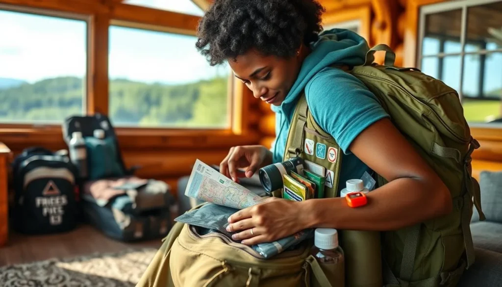 Traveler preparing backpack with essentials for Conococheague Mountain hike Traveler preparing backpack with essentials for Conococheague Mountain hike