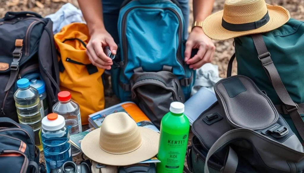 Traveler preparing equipment for a Rupununi savannah expedition near Lethem
