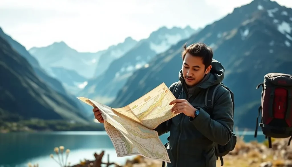 Traveler preparing hiking gear with Fiordland mountains in background