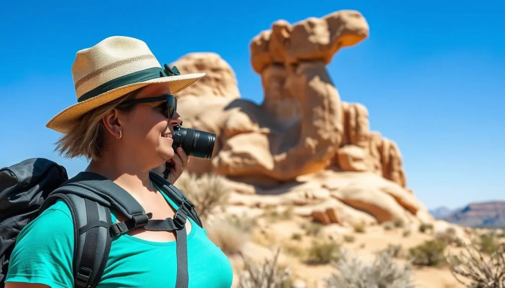 Traveler with backpack and camera at Camel Rock viewing area