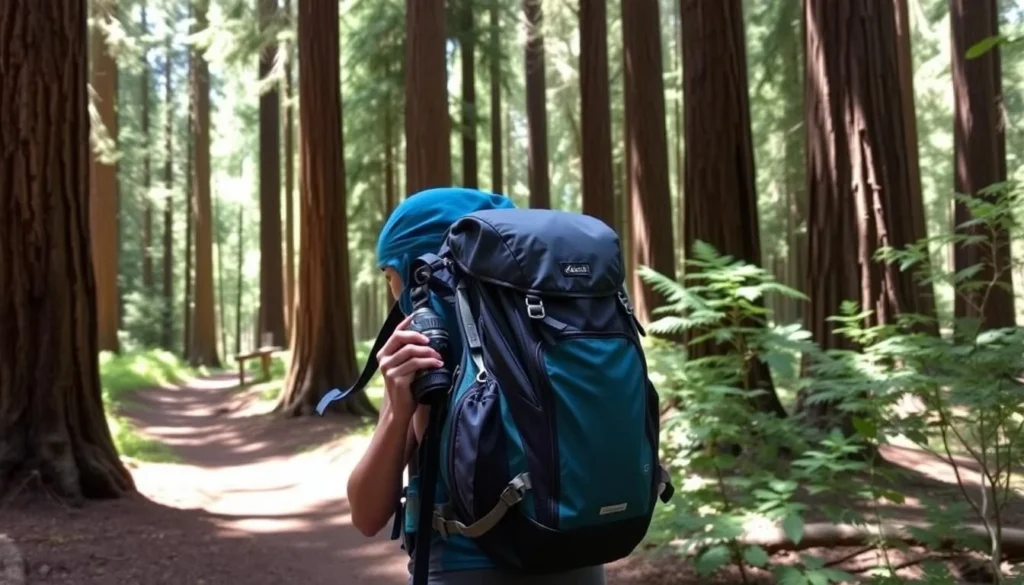 Traveler with backpack exploring John B. Dewitt Redwoods State Natural Reserve Traveler with backpack exploring John B. Dewitt Redwoods State Natural Reserve