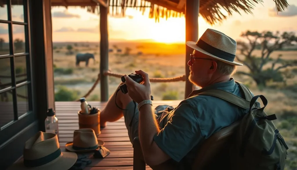 Traveler with binoculars and camera enjoying sunset from an eco-lodge porch in the Rupununi