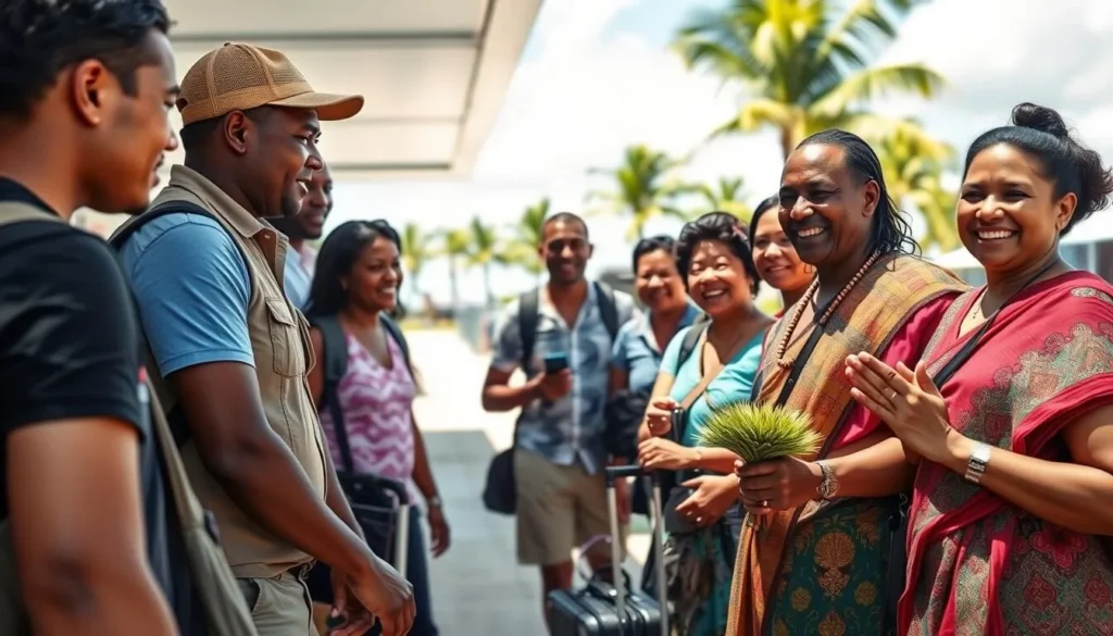 Travelers arriving at Bonriki International Airport in South Tarawa, greeted by locals with traditional welcome