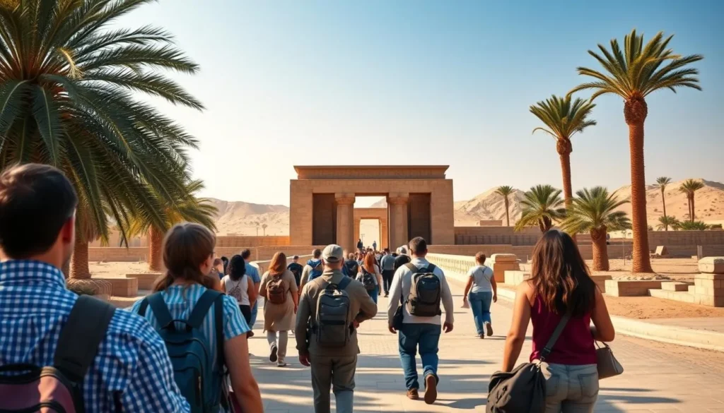 Travelers arriving at Dendera Temple Complex entrance with palm trees and desert landscape in background Travelers arriving at Dendera Temple Complex entrance with palm trees and desert landscape in background
