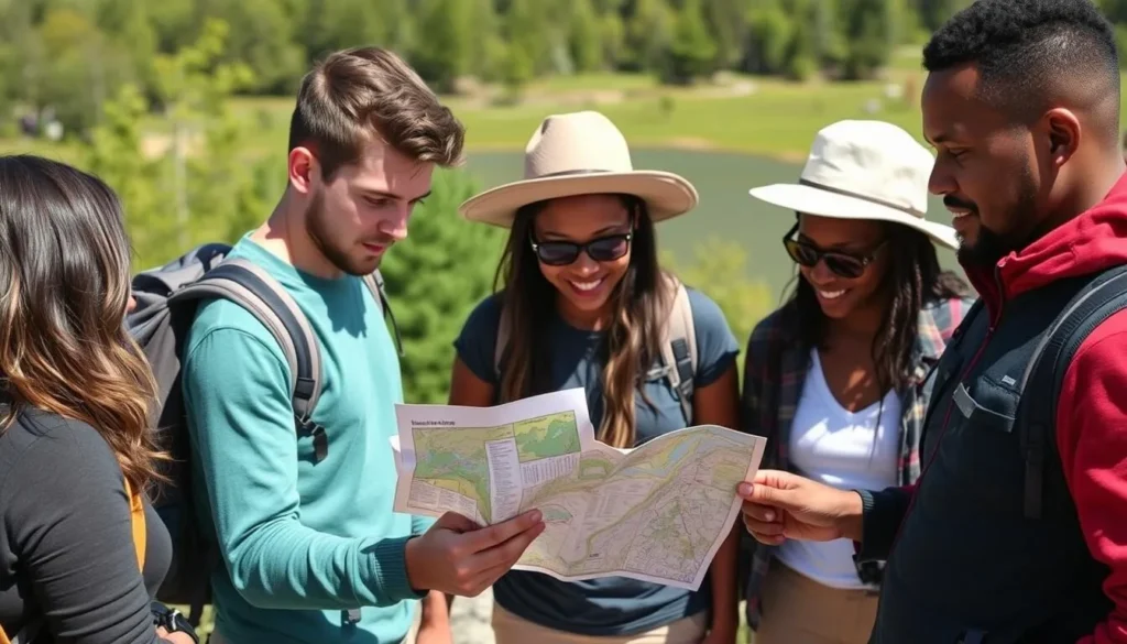 Travelers checking a map while exploring the Lake Ariel area Travelers checking a map while exploring the Lake Ariel area