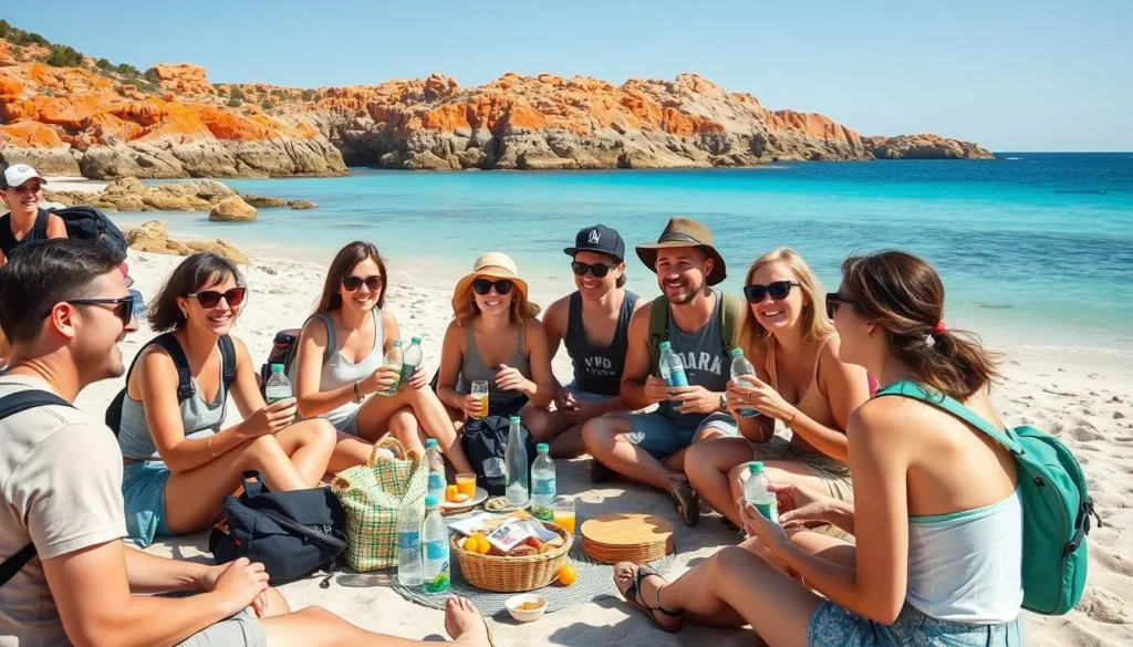 Travelers enjoying a picnic on Binalong Bay beach with proper supplies Travelers enjoying a picnic on Binalong Bay beach with proper supplies