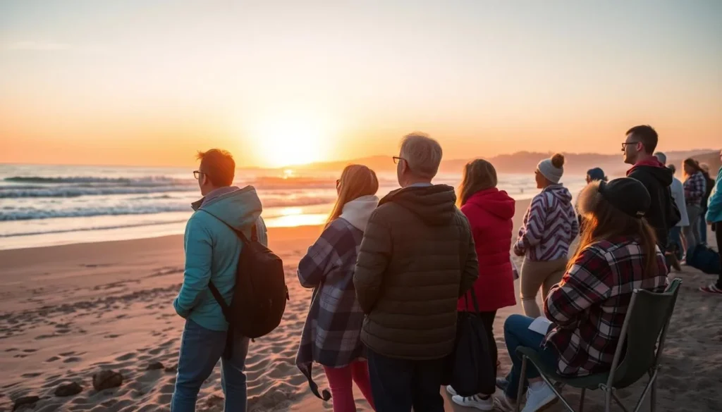 Travelers enjoying sunset at Monterey State Beach with proper beach gear Travelers enjoying sunset at Monterey State Beach with proper beach gear