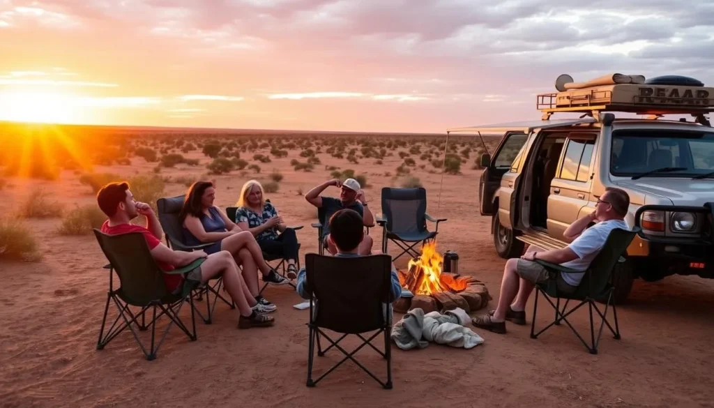 Travelers enjoying sunset at a campsite along the Oodnadatta Track
