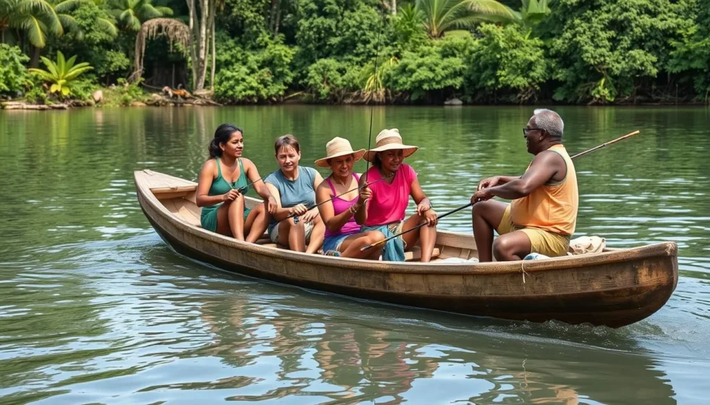 Travelers fishing for piranha in a tributary near Waukauyengtipu with local guides
