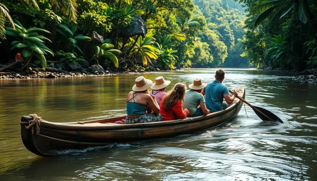 Travelers in a dugout canoe navigating a river in the Acarai Mountains region