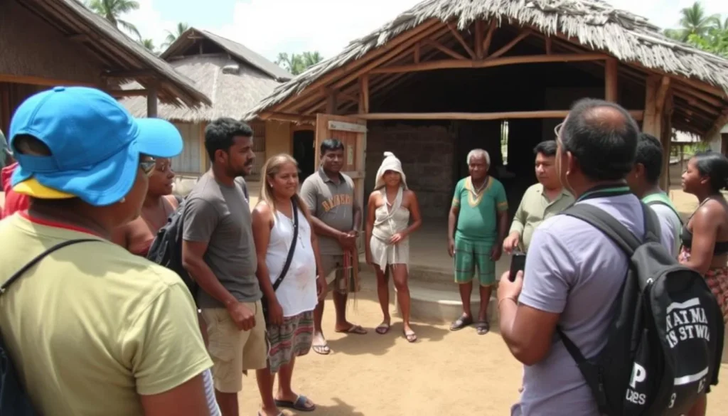 Travelers interacting respectfully with indigenous community members near Waukauyengtipu
