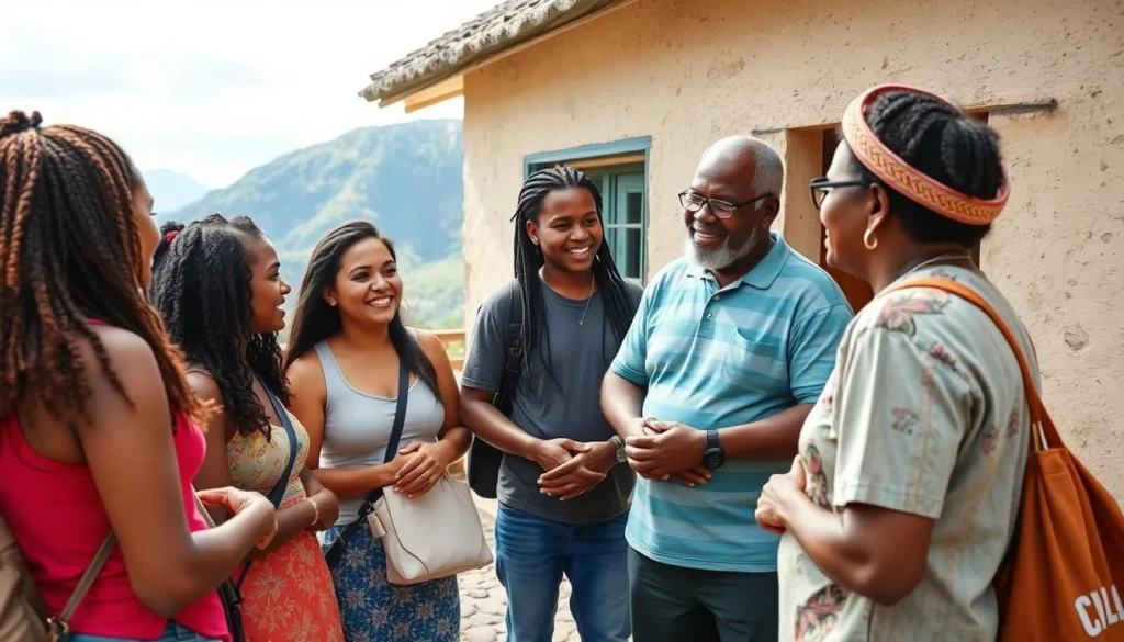 Travelers interacting respectfully with local Blue Mountains Jamaica residents, demonstrating proper etiquette while exploring Blue Mountains Jamaica things to do