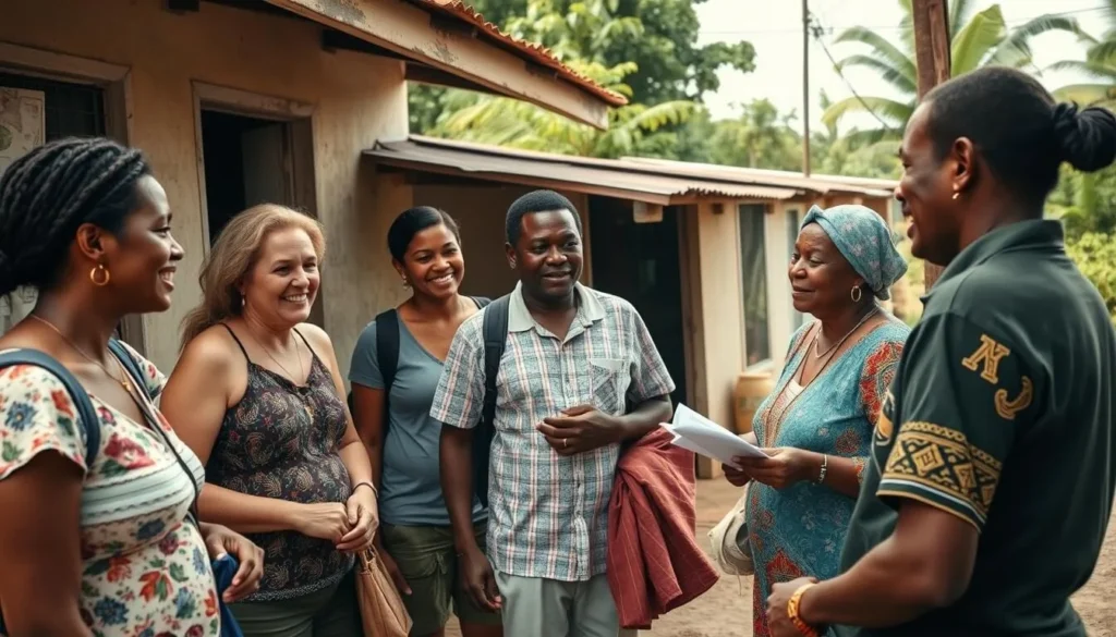 Travelers interacting respectfully with local residents in Port Kaituma