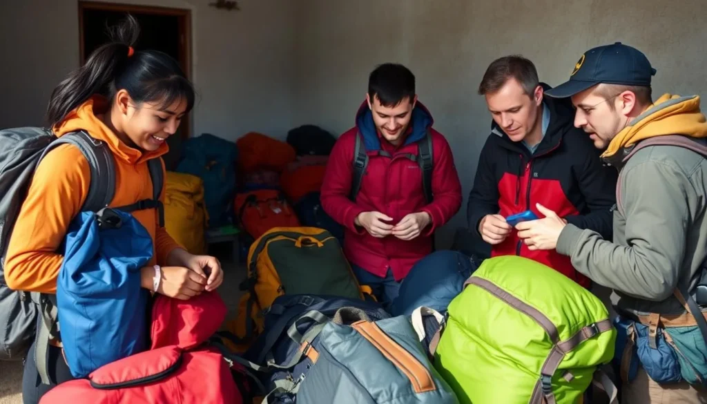 Travelers packing and preparing gear for Mount Ayanganna expedition