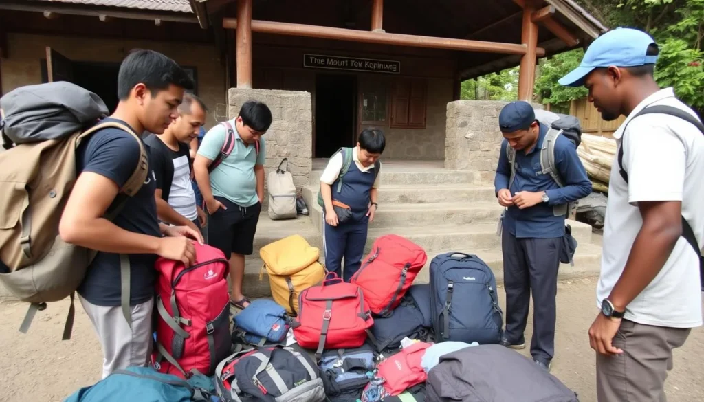 Travelers packing appropriate gear for Mount Kopinang trek with local guide providing advice