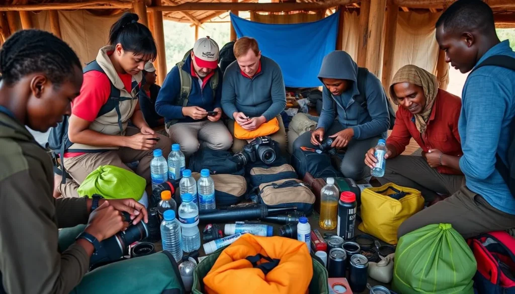 Travelers preparing equipment and supplies for an Omo Valley expedition showing diverse tourists