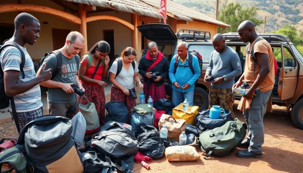 Travelers preparing equipment and supplies for an Omo Valley expedition with local guides providing assistance
