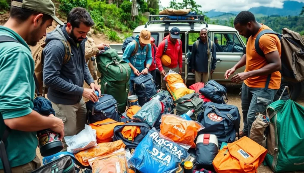 Travelers preparing equipment for a Pacaraima Mountains expedition