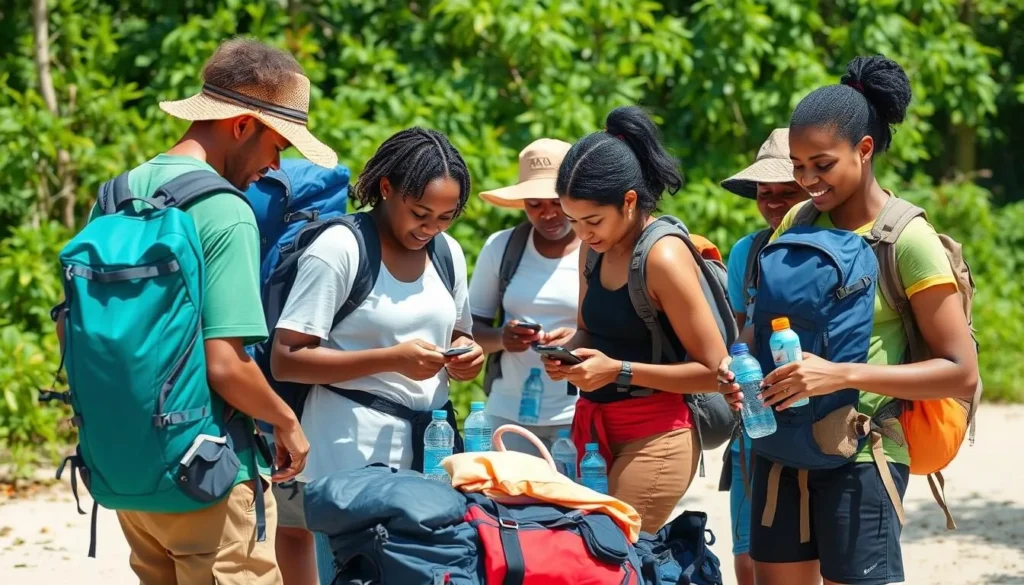 Travelers preparing for a Shell Beach Islands expedition with proper gear