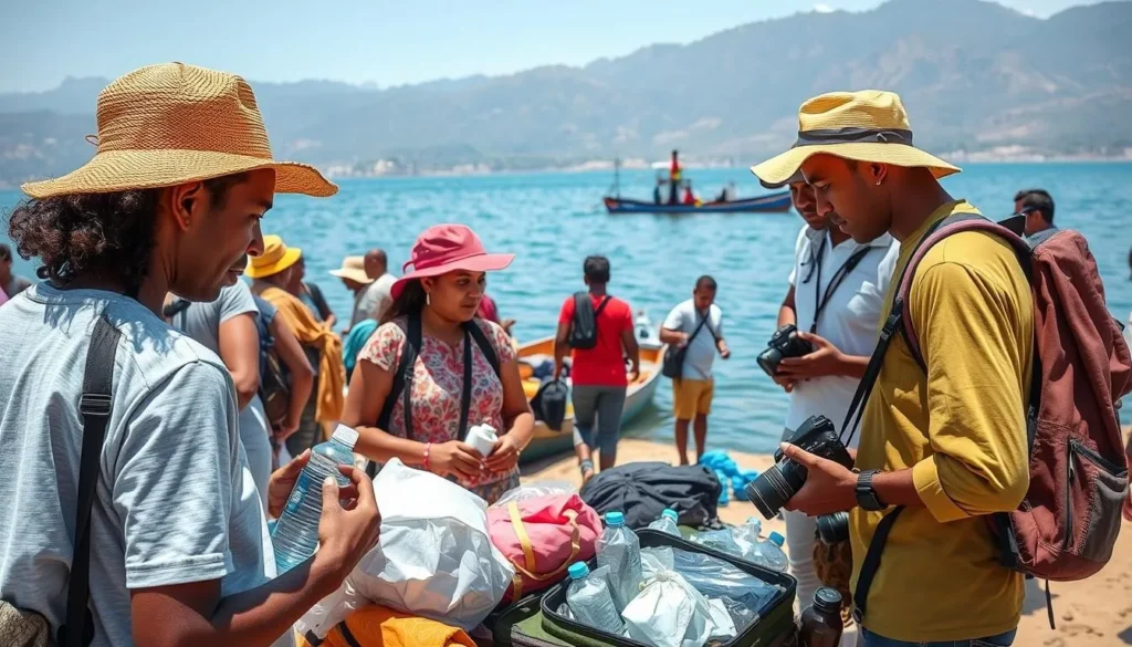 Travelers preparing for boat journey to Tana Kirkos Island Ethiopia