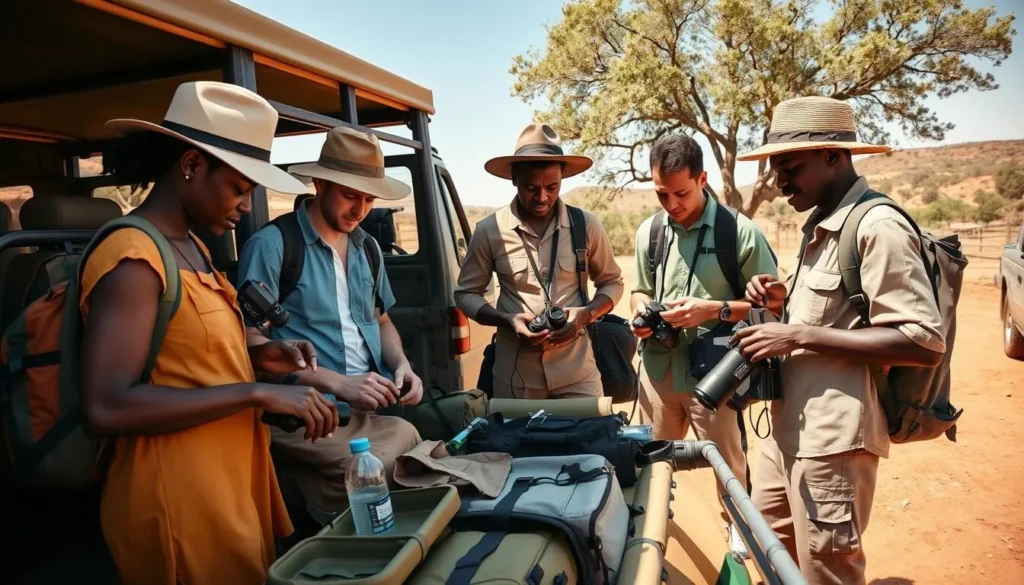 Travelers preparing for safari in Gambela National Park Ethiopia with proper equipment and clothing