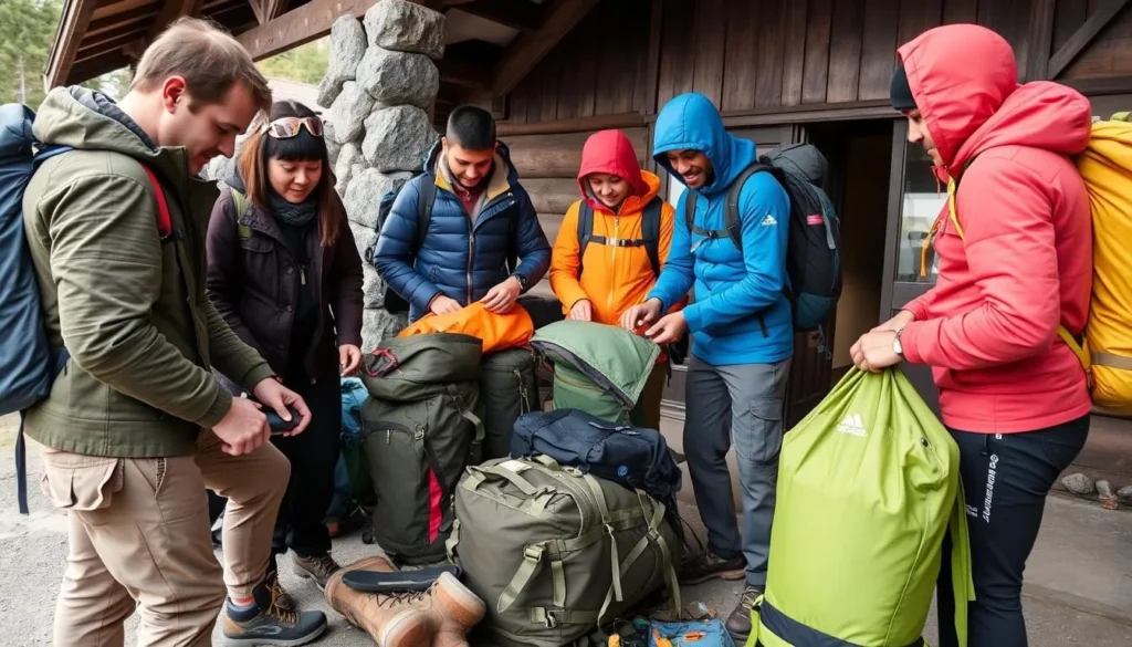 Travelers preparing gear and equipment for a trek in the Kanuku Mountains Travelers preparing gear and equipment for a trek in the Kanuku Mountains