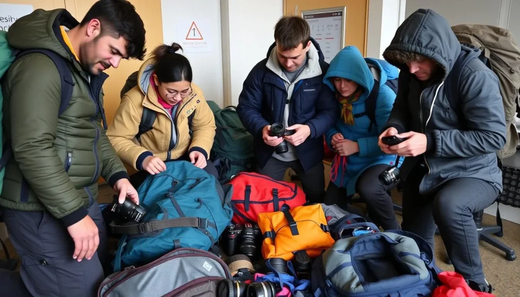 Travelers preparing gear for a Kamchatka adventure with backpacks and equipment Travelers preparing gear for a Kamchatka adventure with backpacks and equipment